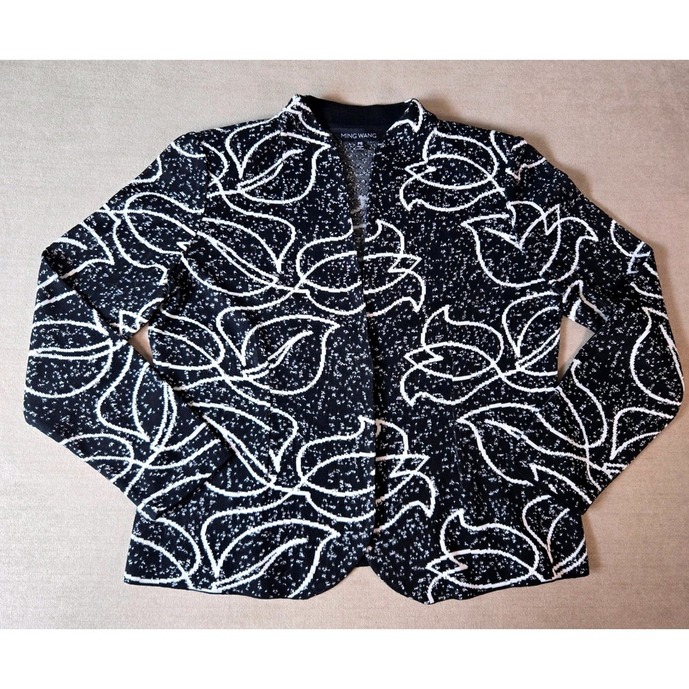 Ming Wang PS Petite Small Black‎ Floral Print Knit Jacket Career Cardigan Snap